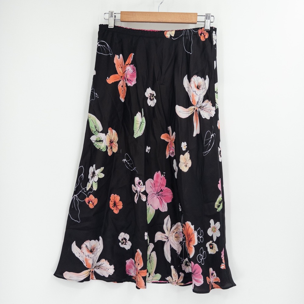 Vintage Y2K Reversible Silk Midi Skirt Sz 10 Black Pink Floral Boho Fairycore